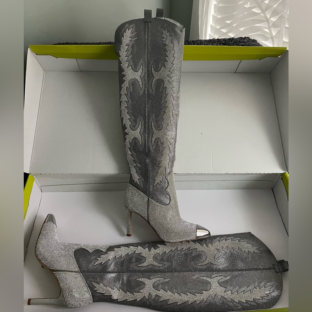 Gianni Bini Silver and Gray Embellished Western Knee-High Heeled Boots